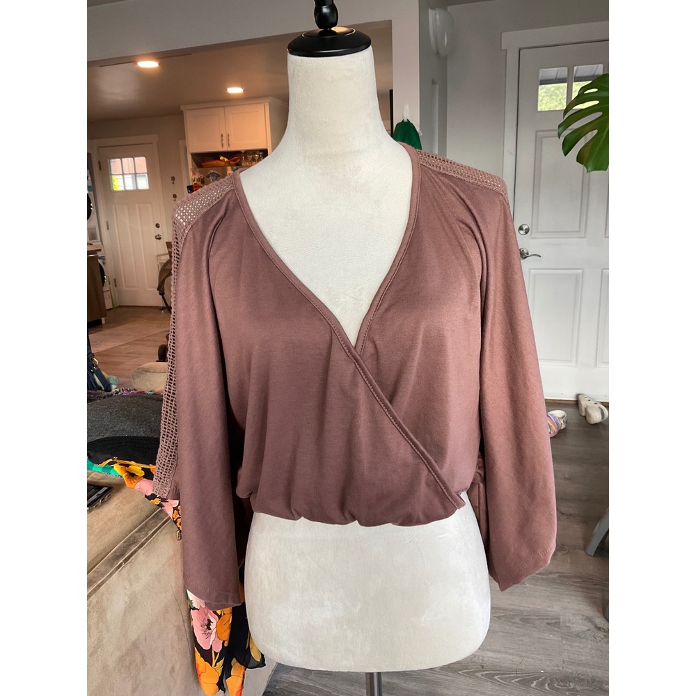 Rue21 Mauve Brown Crochet Lace Trim Kimono Sleeve Wrap Top Y2K Boho Large